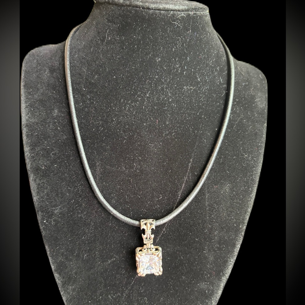 Vintage Silpada Black Leather Necklace with large Cubic Zirconia